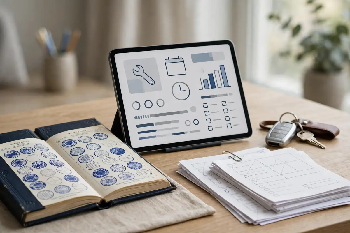 Digital tablet and paperwork showing a car service history and maintenance records