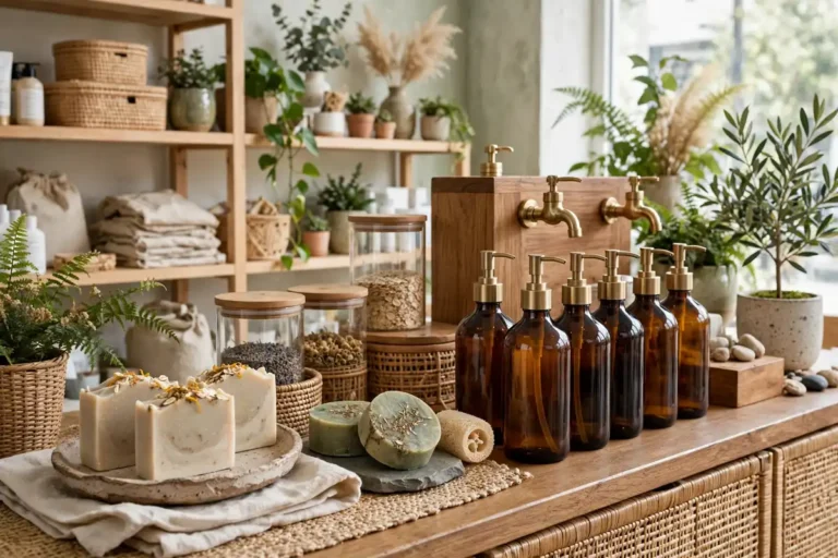 sustainable beauty routine with refillable products on a calm bathroom shelf
