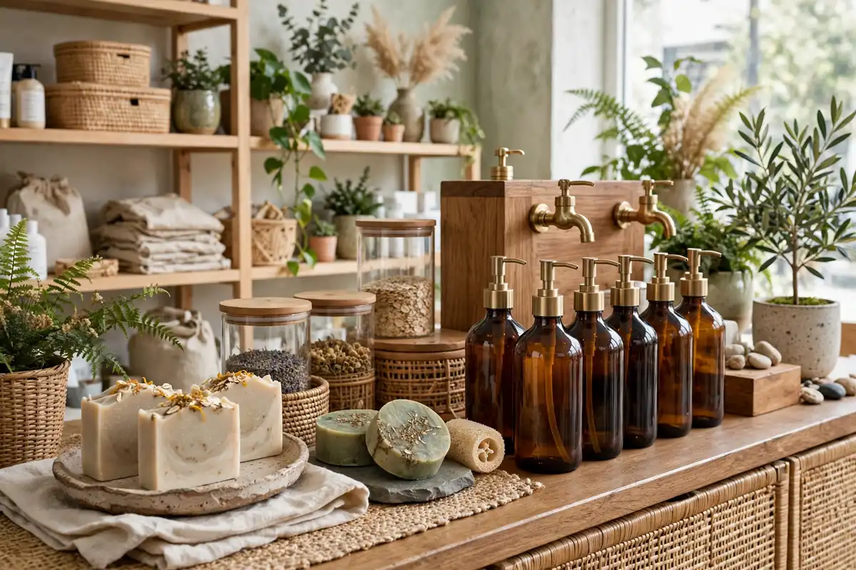 sustainable beauty routine with refillable products on a calm bathroom shelf