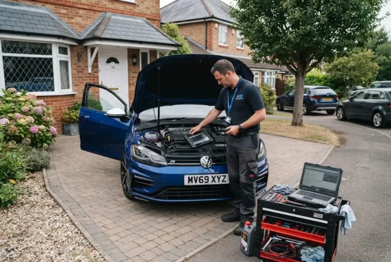 Mobile auto service provided by a professional mechanic at home
