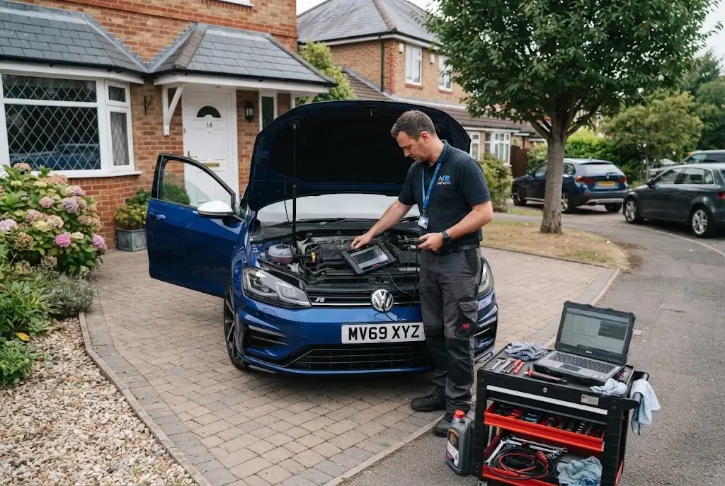 Mobile auto service provided by a professional mechanic at home
